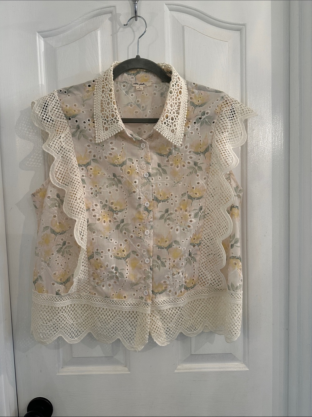 Ultra Pink Cream and Yellow Floral Eyelet Lace Blouse